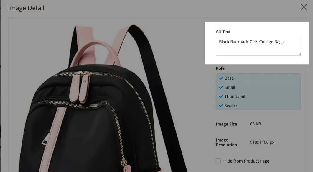 Magento 2 image detail panel with the alt text field highlighted