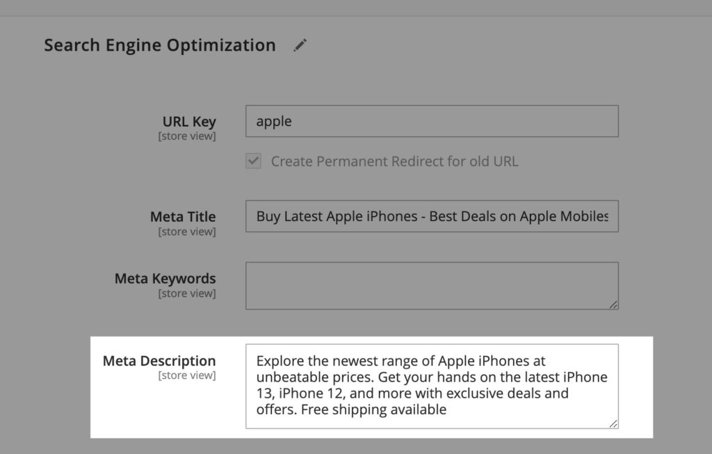 Magento 2 meta description field on a product page