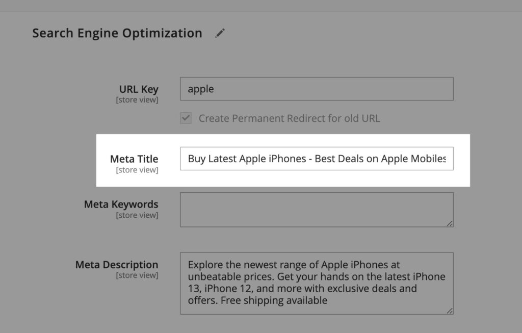 Magento 2 product Search Engine Optimization section with the meta title field highlighted