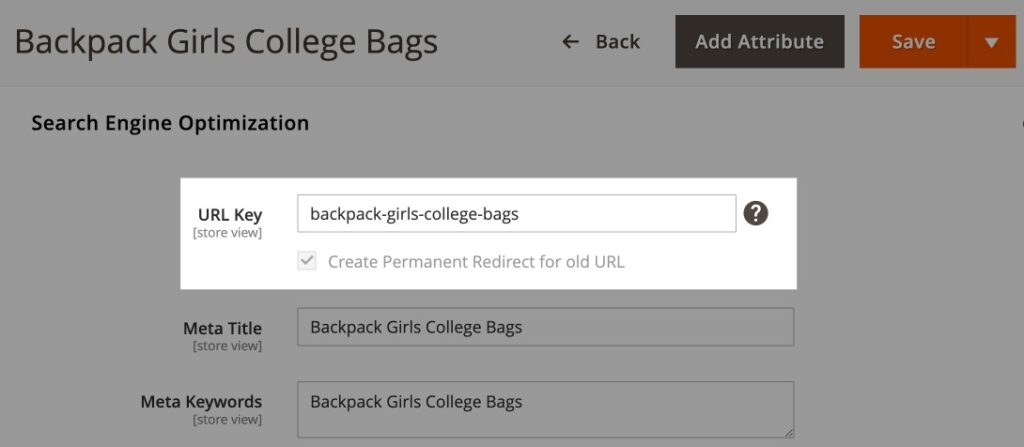 Magento 2 URL key field with Create Permanent Redirect for old URL checked